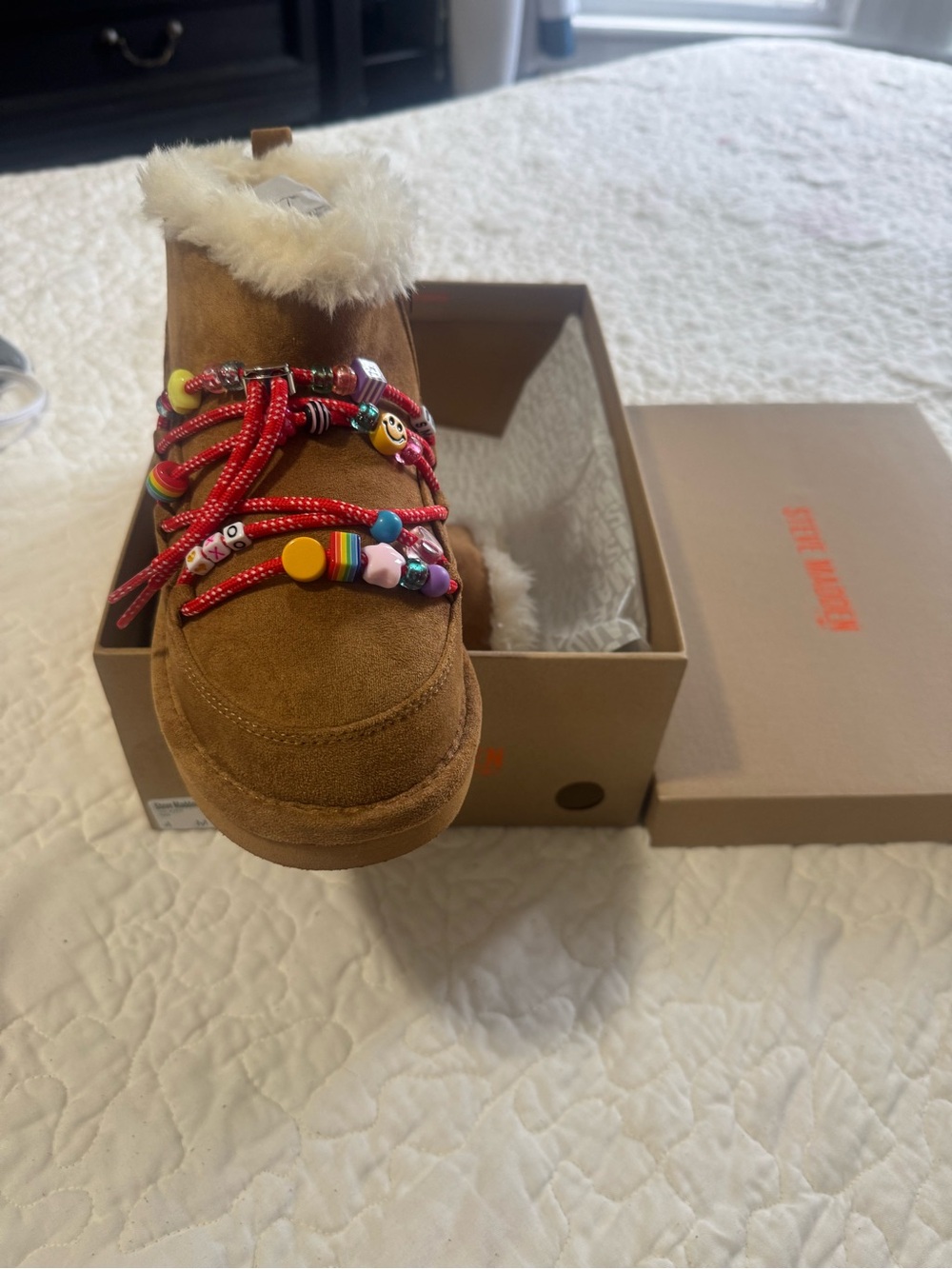 Steve Madden Brown Faux-Sherpa Kids Boot with Colorful Bead Laces